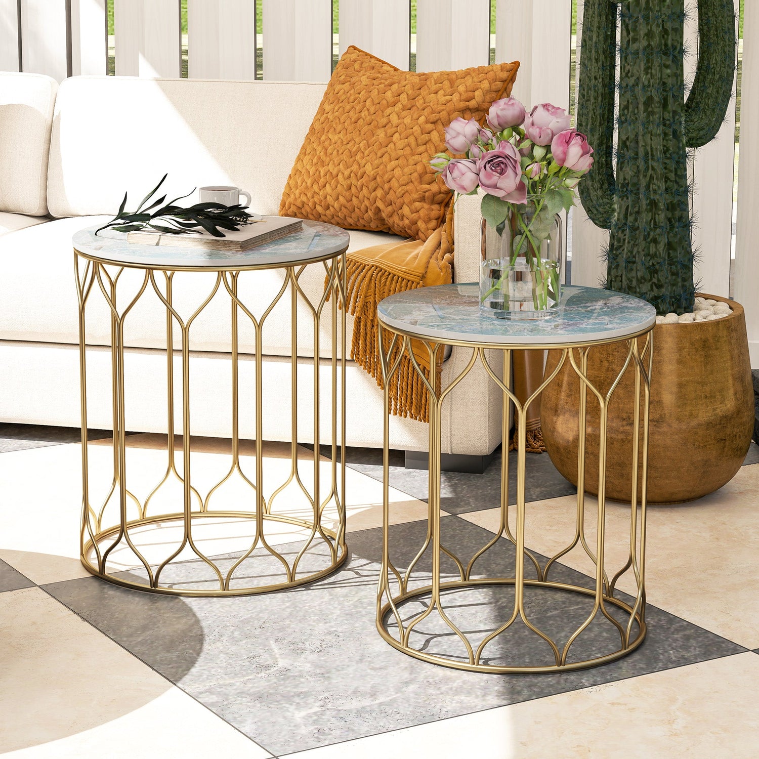 Garden Side Table Set of 2, Nesting Tables with Ceramic Tile Top, Indoor Outdoor Small Garden Tables, Multifunctional End Tables with Metal Frame for Patio, Balcony, Porch, Multicoloured-1
