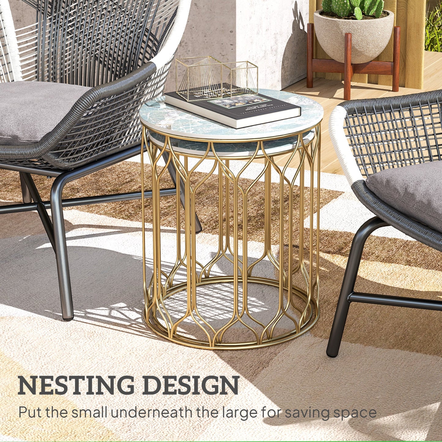 Garden Side Table Set of 2, Nesting Tables with Ceramic Tile Top, Indoor Outdoor Small Garden Tables, Multifunctional End Tables with Metal Frame for Patio, Balcony, Porch, Multicoloured-3