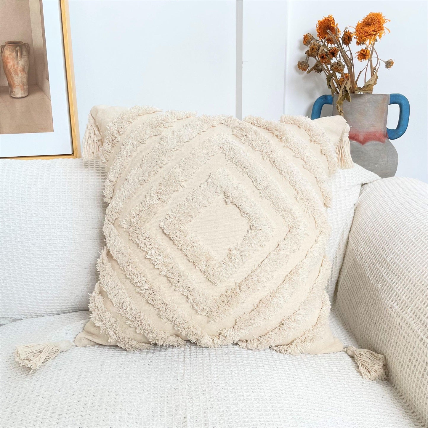 Boho Cotton Cushion Cover with Tassels | Tufted Design - 45x45cm Home Decoration-3
