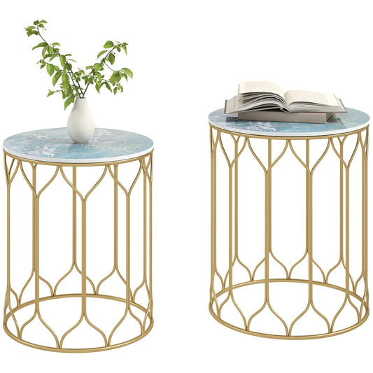Garden Side Table Set of 2, Nesting Tables with Ceramic Tile Top, Indoor Outdoor Small Garden Tables, Multifunctional End Tables with Metal Frame for Patio, Balcony, Porch, Multicoloured-0