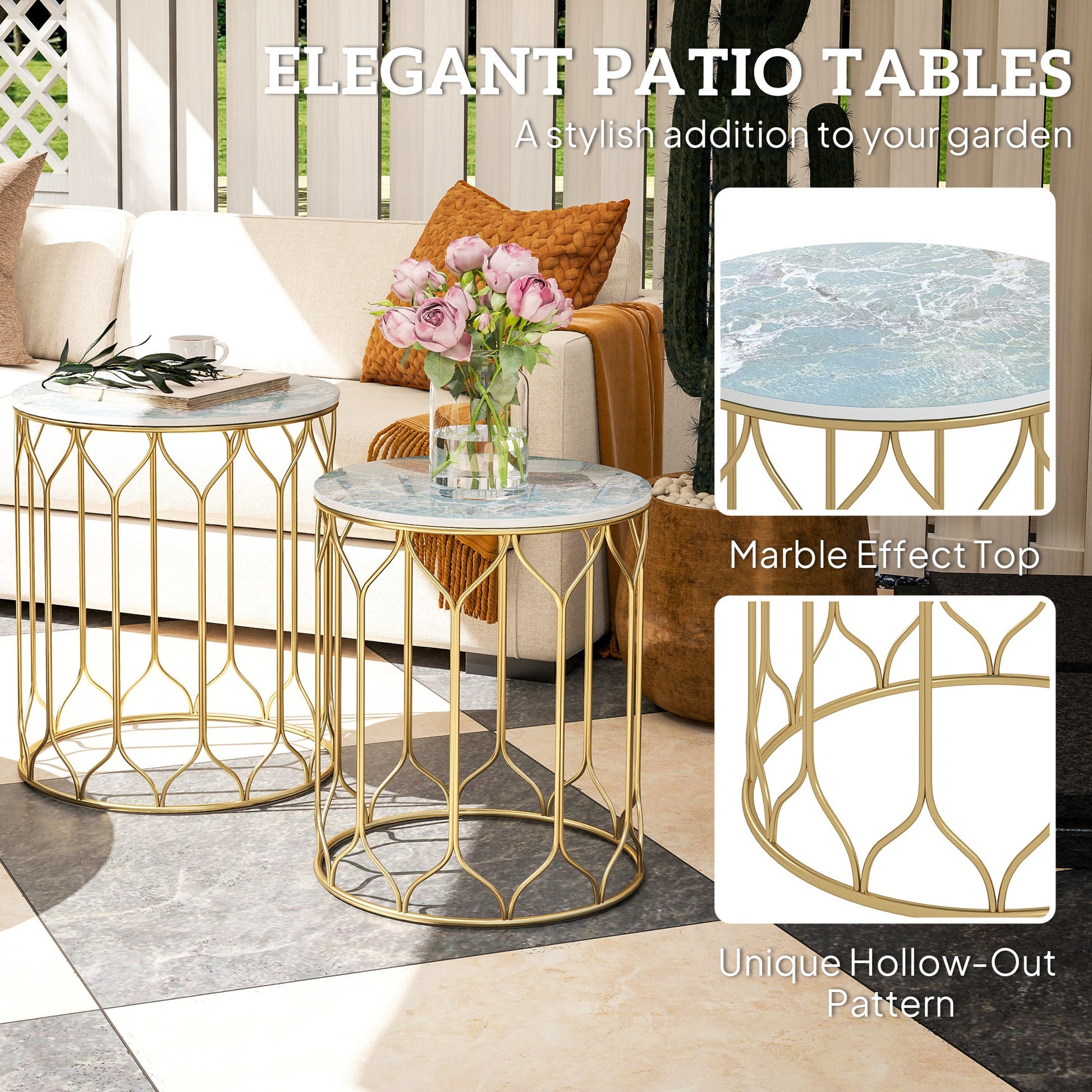 Garden Side Table Set of 2, Nesting Tables with Ceramic Tile Top, Indoor Outdoor Small Garden Tables, Multifunctional End Tables with Metal Frame for Patio, Balcony, Porch, Multicoloured-4